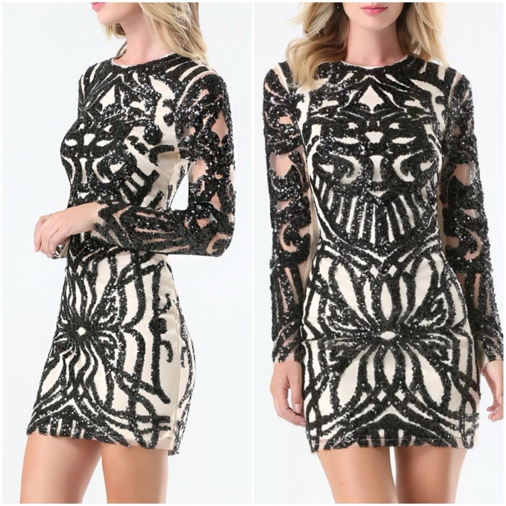Bebe Mesh + Sequin Cocktail Party Dress